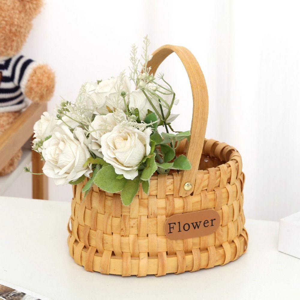 with Handle Handwoven Flower Basket Rustic Style Organizer Basket Practical Storage Basket  Picnic