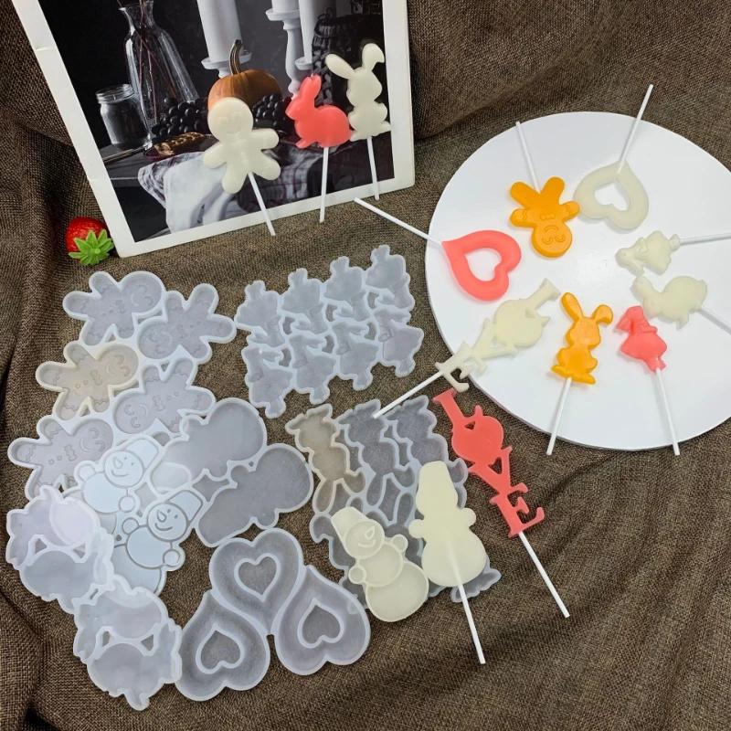 Silicone Lollipop Molds Round Heart Star Rabbit Shape Candy Mold Cake Topper Decorating Tools Chocolate Biscuit Baking Mould