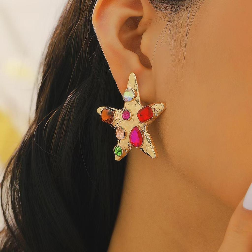 Fashion Versatile High End Personality Sea Star Inlaid Colored Imitation Diamond Design Earrings For Women