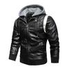Men's Leather Stand Collar Detachable Hooded Motorcycle Leather Jacket Fashionable Embroidered Colorblock Coat