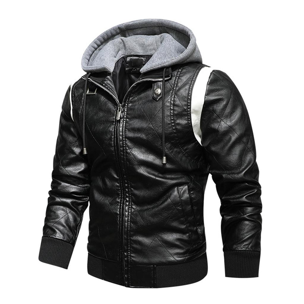 Men's Leather Stand Collar Detachable Hooded Motorcycle Leather Jacket Fashionable Colorblock Coat