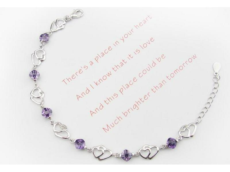 Weihua Women's Silver-Plated Double Heart Amethyst Bracelet - Korean Style Jewelry.