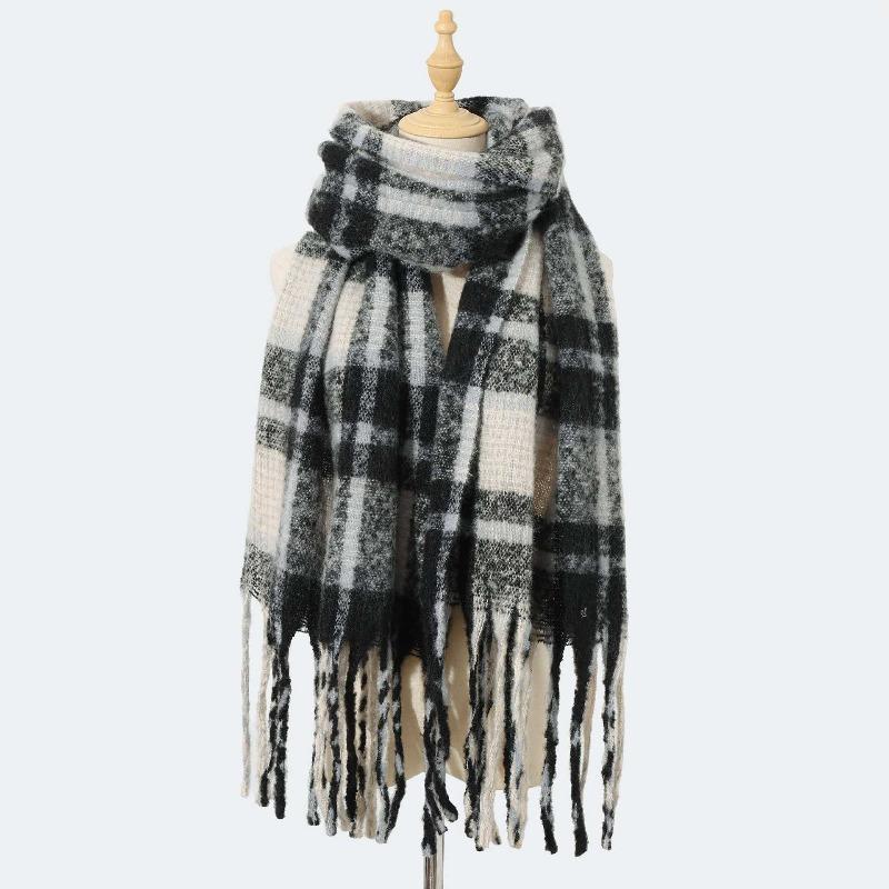 Autumn and winter new mohair plaid scarf women's thickened high-end imitation cashmere scarf atmosphere warm scarf