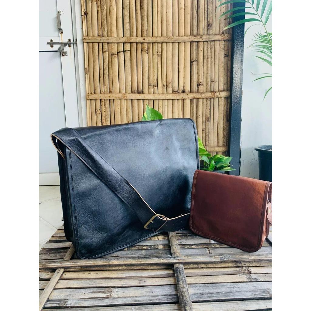 New Leather Vintage Black Messenger Shoulder Laptop Bag Briefcase (Free Sling Brown Bag Size - 9 X 7 X 3 In )