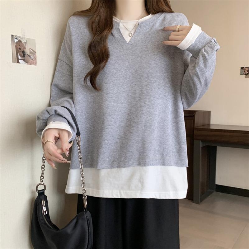 

Contrasting color splicing fake two-piece sweater long-sleeved women s loose thin top 2XL сірий колір