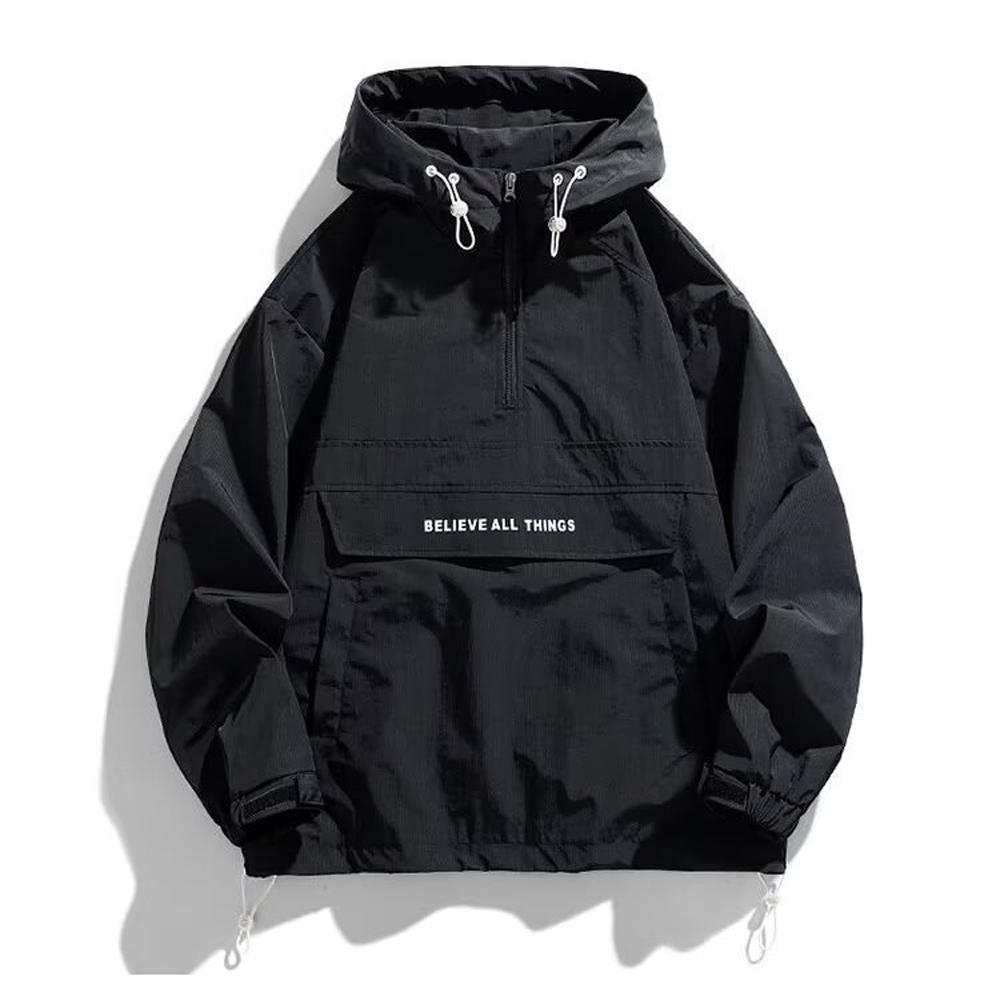 Frühling Herbst Herren Anorak Jacken Mode Mann Halber Reißverschluss Streetwear Hip Hop Kapuzenmäntel Herren Lockerer Windbreaker Wasserdichte Jacken M schwarz