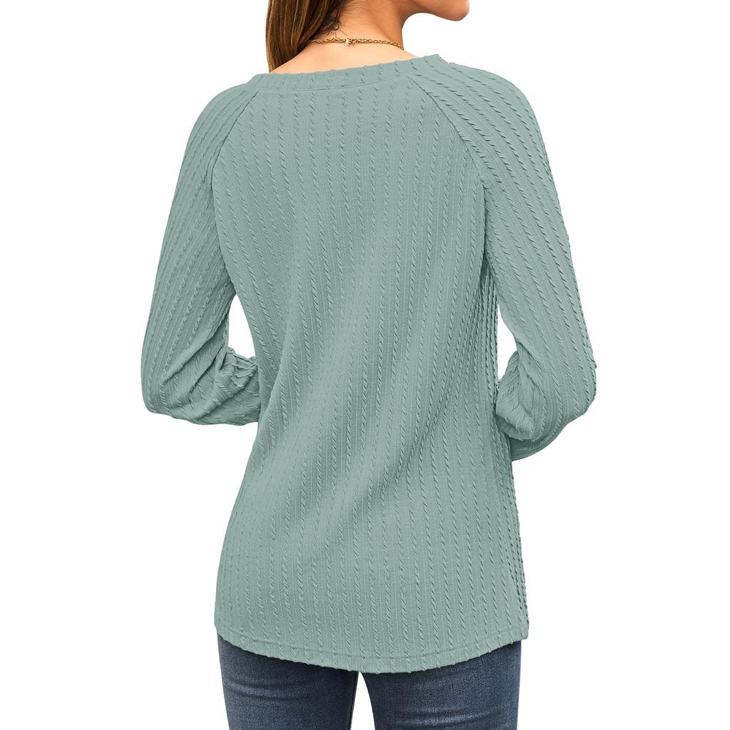 Women's Fashionable Solid Color V Neck Long Sleeved Casual Pullover T-shirt Top