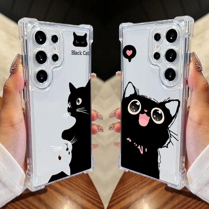 Black Cat Cartoon Art Phone Case For Samsung Galaxy S25 FE S24 S23 S22 S21 Ultra S20 Plus Note 20 10 S25FE Soft Shockproof Cover