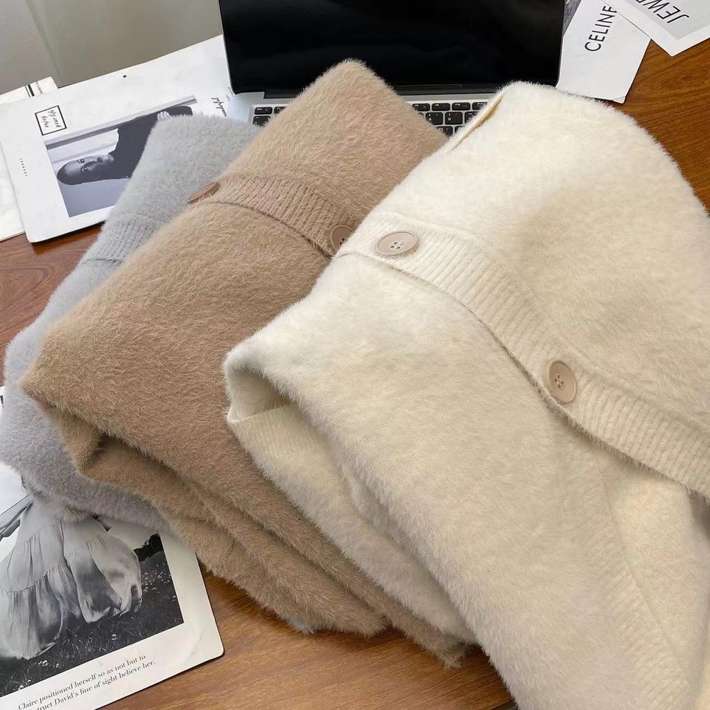 Faux Mink Sweater Cardigan Jacket Female Fall and Winter Lazy Wind Loose Soft Sticky Knit Sweater Top Tide Comfortable Versatile and Fashionable