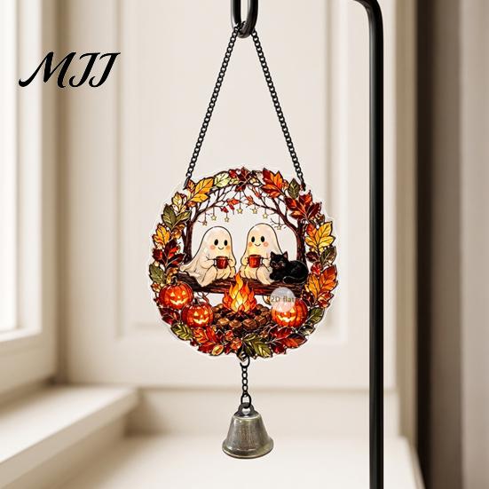 Pumpkin Hanging Decoration Halloween Acrylic Decoration, Cartoon Ghost Ornament with Reusable Holiday Ornaments Bell, Suncatcher Decor for Indoor