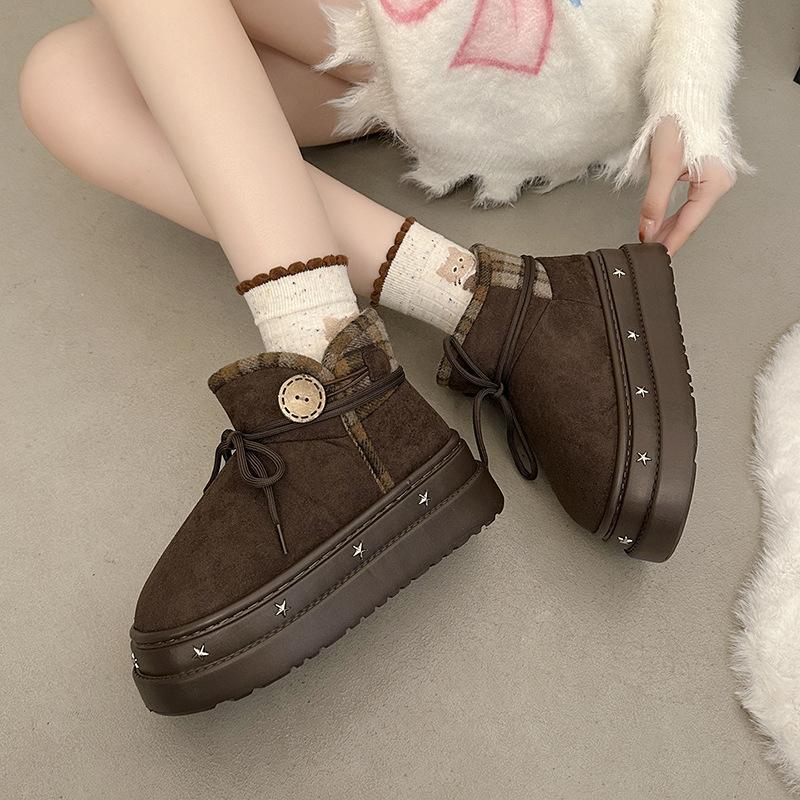 Women's Lace-up Fashion Lightweight Height-enhancing Thick Sole Winter Warm Fur One Snow Boots Plush Lined Non-slip Casual Sports Cotton Boots