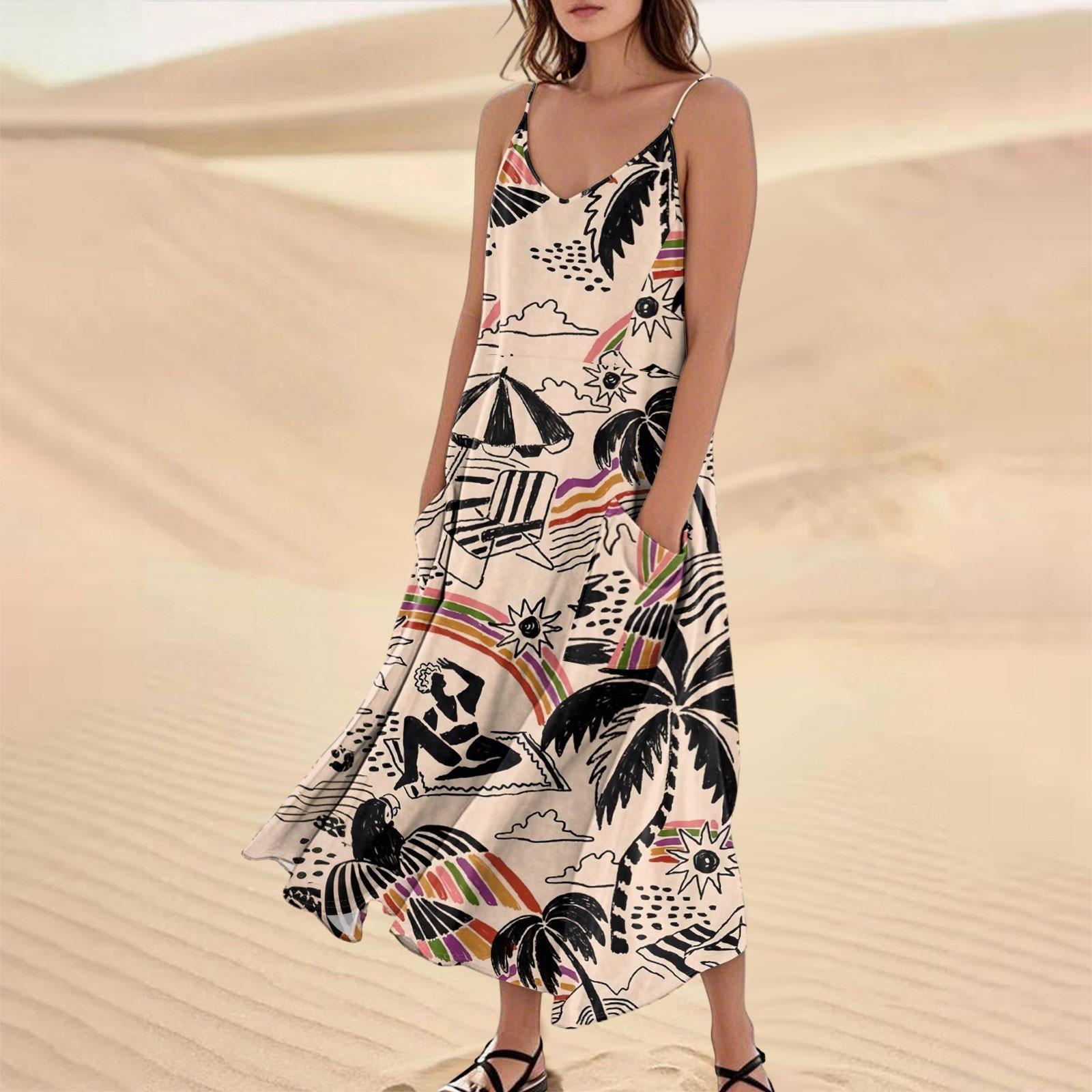 

Женское повседневное платье на бретелях с V-образным вырезом, гавайским принтом, без рукавов и с карманом S бежевый