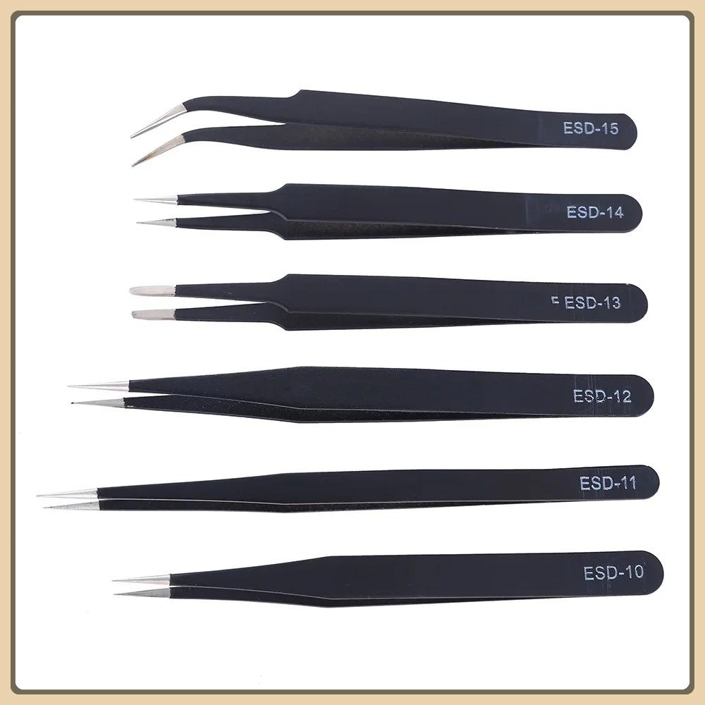 6Pcs Anti-static ESD Stainless Steel Tweezers Maintenance Tool Industrial Precision Curved Straight Tweezers Repair Tools Set