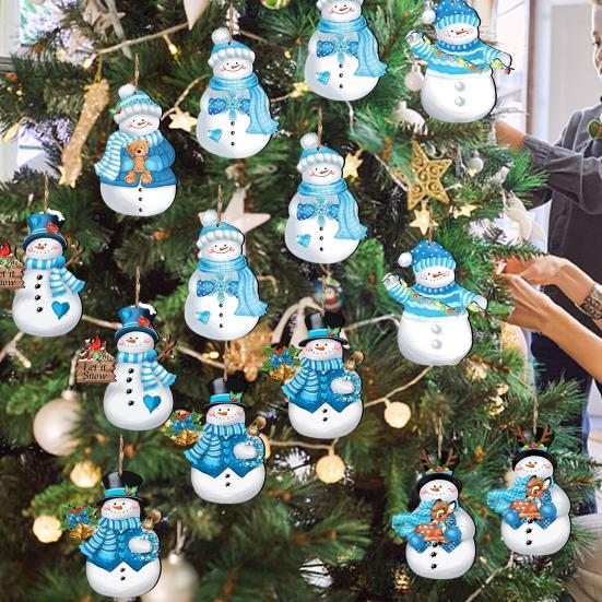 12 ks Vánoční dřevěná dekorace sněhuláka k zavěšení Farmářský rustikální svátek Zimní vánoční stromeček Kreslený sněhulák Závěsná ozdoba
