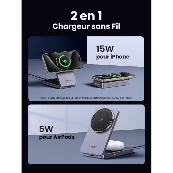 Chargeur Induction - UGREEN - MagFlow 2 En 1 - 15W Pour iPhone - 5W Pour AirPods - Qi2 Certifié