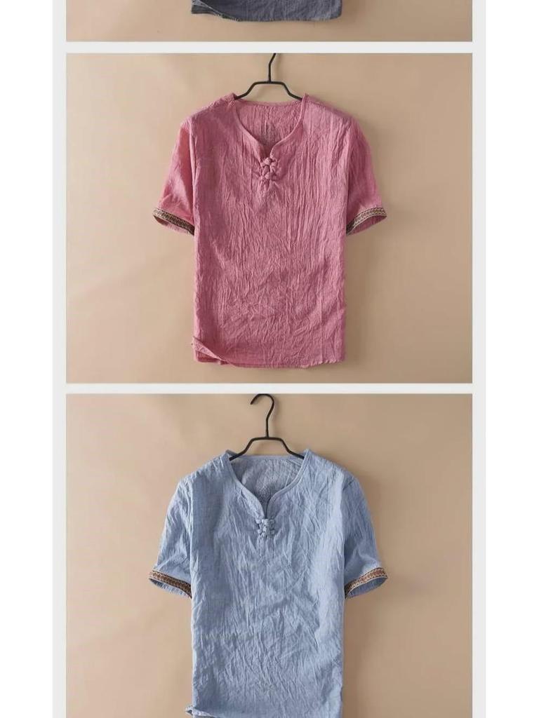 Herren-T-Shirt mit kurzen Ärmeln und chinesischem Knopfmuster aus Leinenimitat