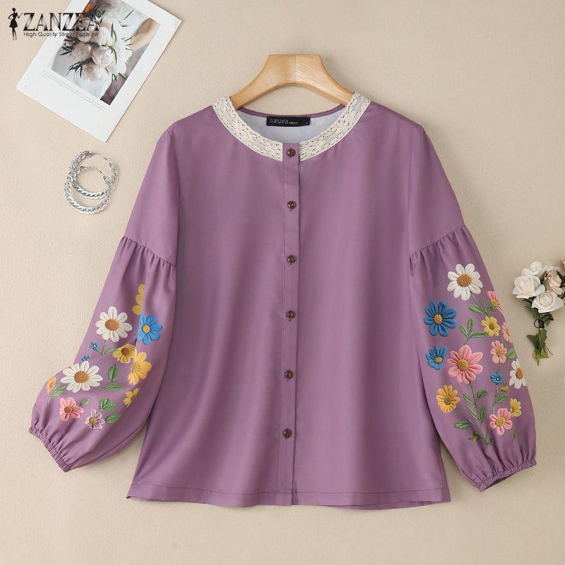 ZANZEA Women Casual Round Neck Loose Floral Print Long Sleeve Blouse