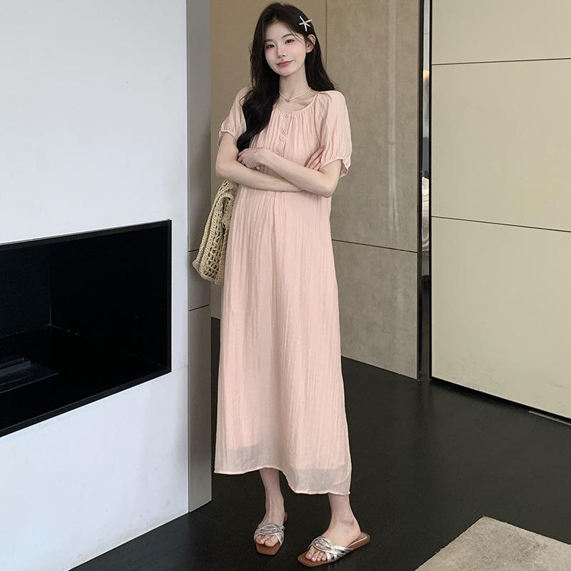 2026 Summer New Maternity Fairy Dress: Simple Round Neck, Loose Fit with Slimming Belt