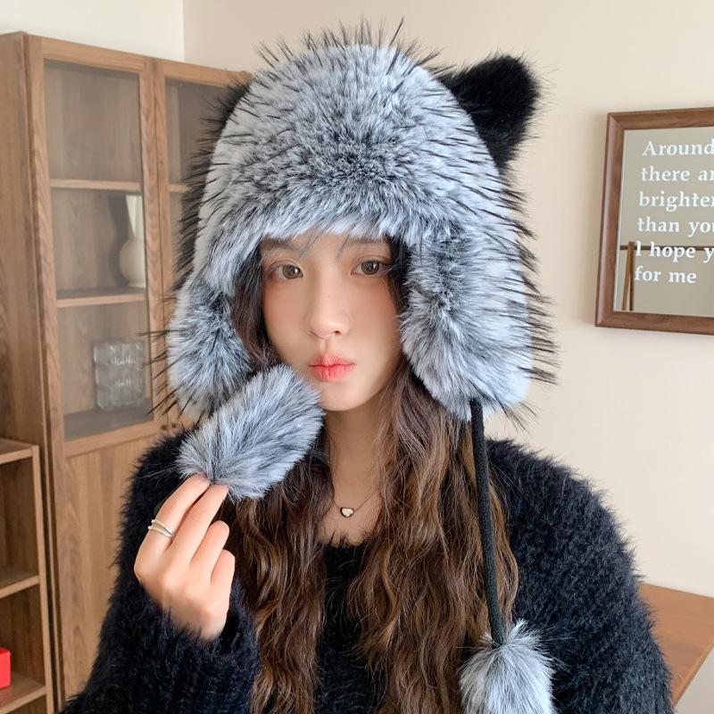 

Fashionable and Versatile Mink Imitation Lei Feng Hat Women s Winter Windproof and Warm Hat Cute Bear Ear Woolen Hat one size