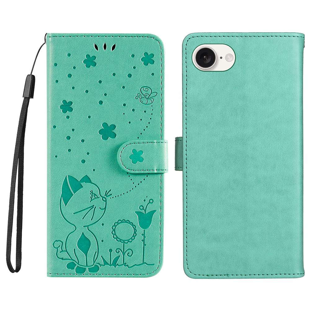 

For iPhone 16e Leather Case Cat Bee Pattern Phone Cover Wallet Stand with Strap Green