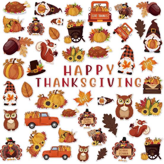 2 Sheet 64 Pcs Thanksgiving Gel Window Clings Fall Thick Gel Cling Removable Reble Autumn Harvest Window Sticker Pumpkin Maple Leaves Gnome Decal for