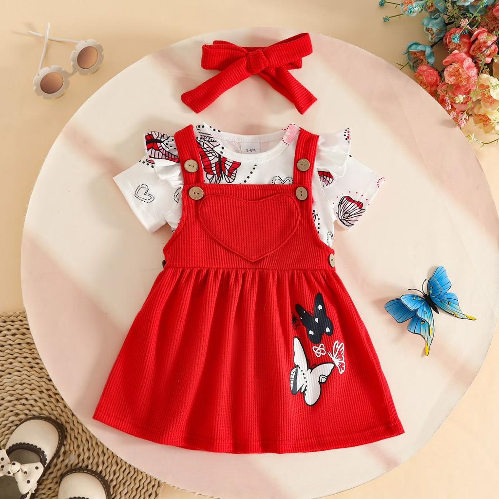 Summer Outfit Set Short Sleeve Butterfly Heart Bodysuit Corduroy Suspenders Skirt Headband