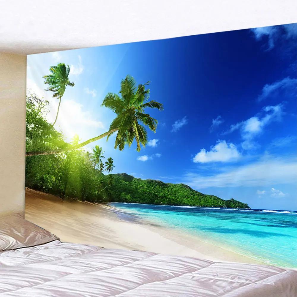 Seaside Coconut Tree Landscape Tapestry Nature Sea Art Ocean Beach 3D Print Wall Hanging Home Living Room Background Cloth Decor