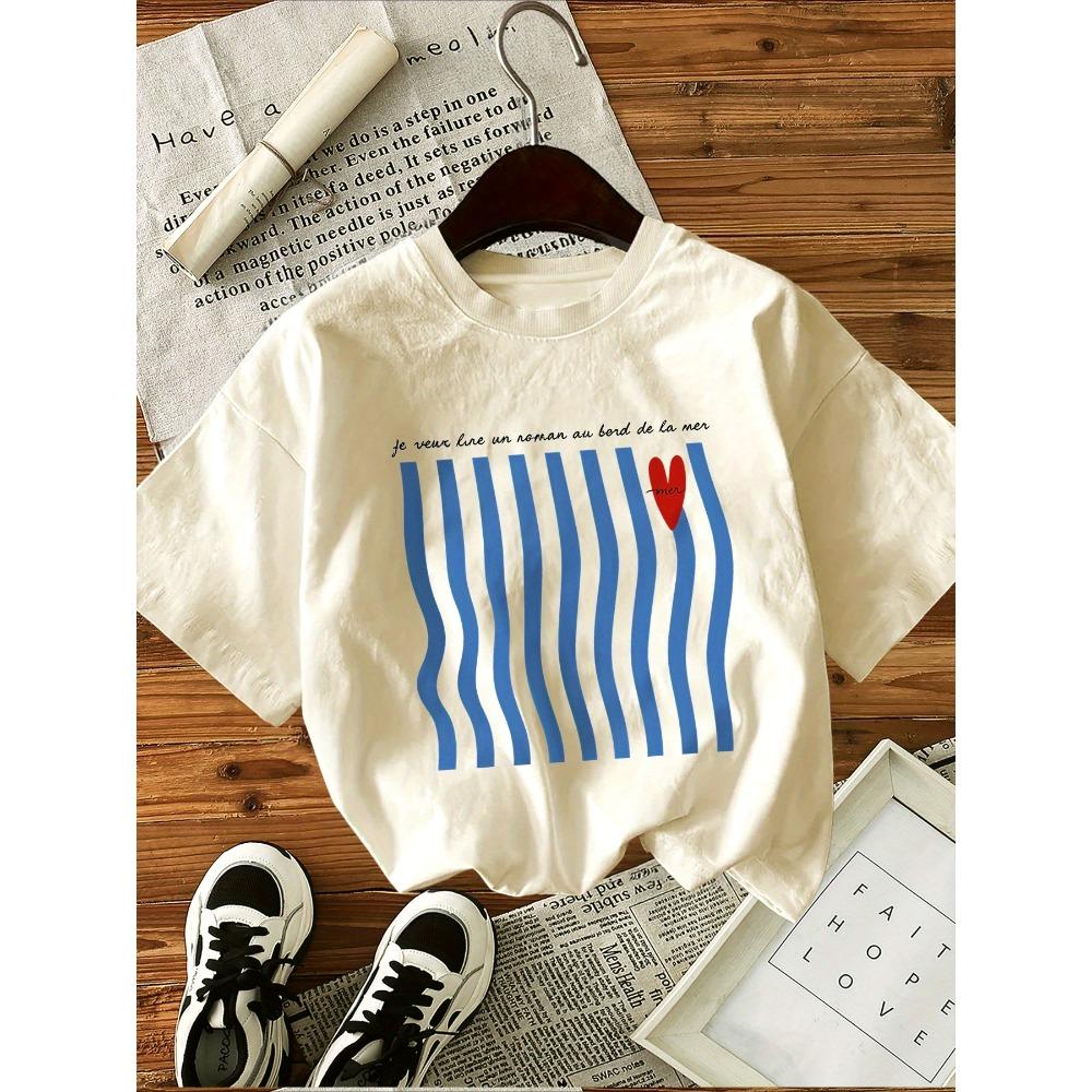 

Women s Casual Short Sleeve Crew Neck T-Shirts Graphic Print Tops with Heart Stripes Design Comfort for Summer Casual Attire XXS