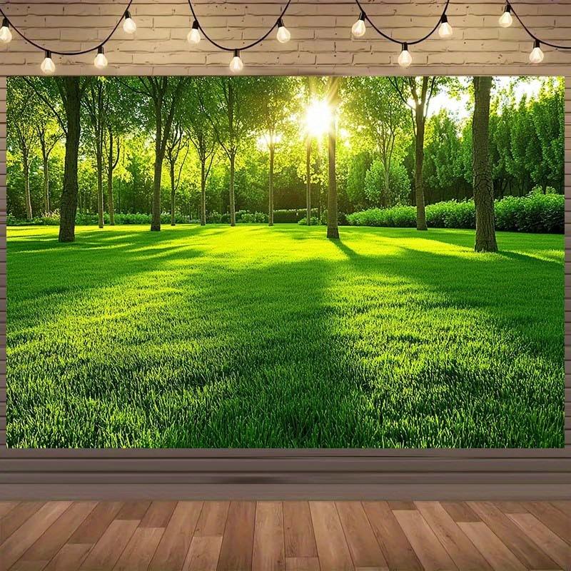 2D plane 1 piece of sunlit forest and lush green lawn background suitable for spring and summer holiday decorations
