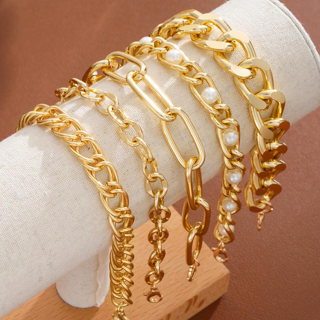 5Pcs/Set Chunky Metal Chain Bracelets For Women Simple Gold Silver Color Imitation Pearl Beads Bracelet Fashion Jewelry Gift New