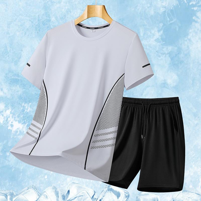 Men's Casual Sports Suit Print Loose Two-piece Set Elastic Breathable Quick Drying T-shirt Shorts Men