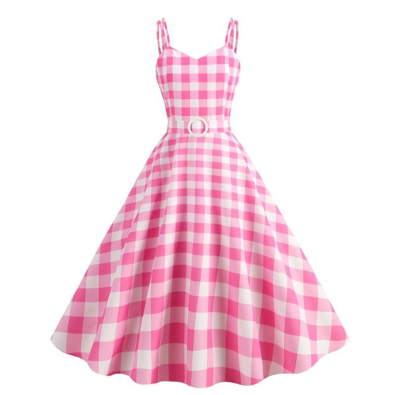 Barbie powder new summer retro sexy suspender plaid print pendulum skirt belt