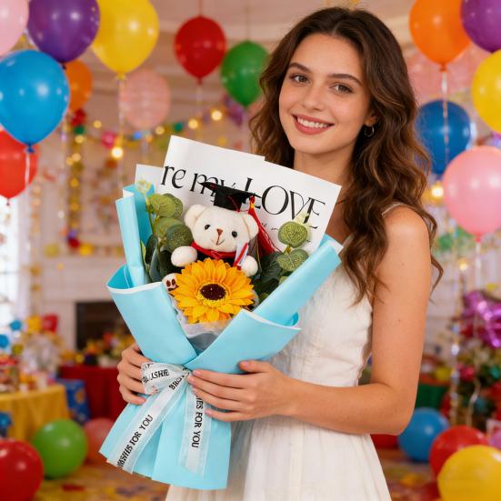 Studentgosedjurshjärte Virkad Solrosbukett Handstickad Garn Konstgjord Blomma med Studentgosedjur Dekoration Studentfest Presenter