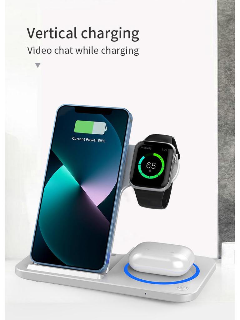 3-in-1 Multifunctional Earphone Watch Stand with Double Coil Wireless Charger and Light Folding Feature.
