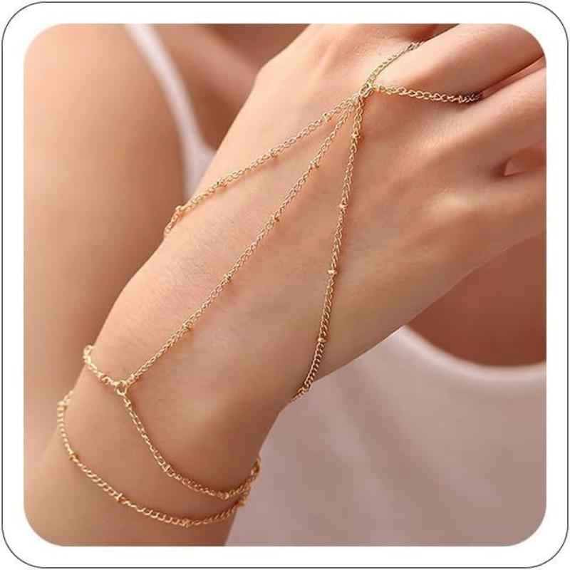 Minimalist Thin Chain Connected Finger Ring Bracelets For Women Multilayer Vintage Ball Beads Link Bangles Party Elegant Jewelry