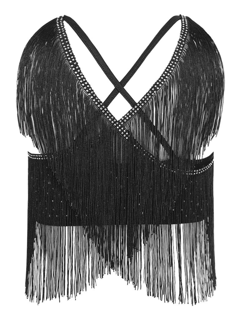 S-XXL Women Lyrical Dance Crop Top V Neck Sleeveless Back Crossing Fringe with Mesh Wide Leg Pants Built-in Briefs for Modern Dance Performance