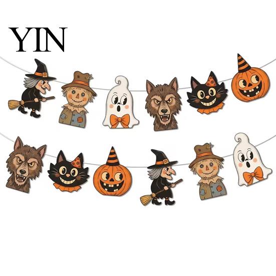 Halloween Party Supplies 12Pcs Vintage Decor Wood Banner, Retro Hanging Banner Garland, Bunting Holiday Fireplace Ornaments Decorations, Spooky