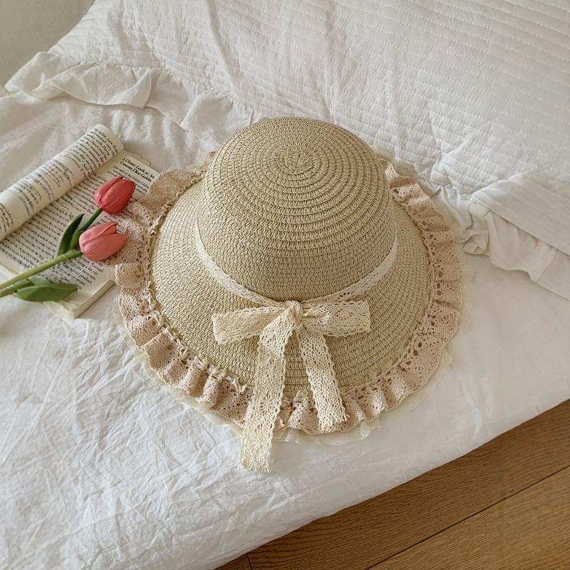 Women Sweet Lace Trim Large Brim Straw Sun Hat For Summer Beach Vacation
