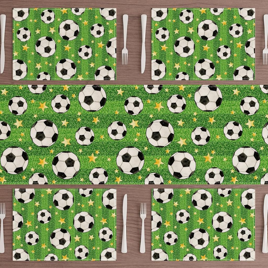 Soccer Grass Stars Theme Placemats Set of 4 Table Mats for Game Day Soccer Party Home Kitchen Dining Table Decorations 12x18 Inch