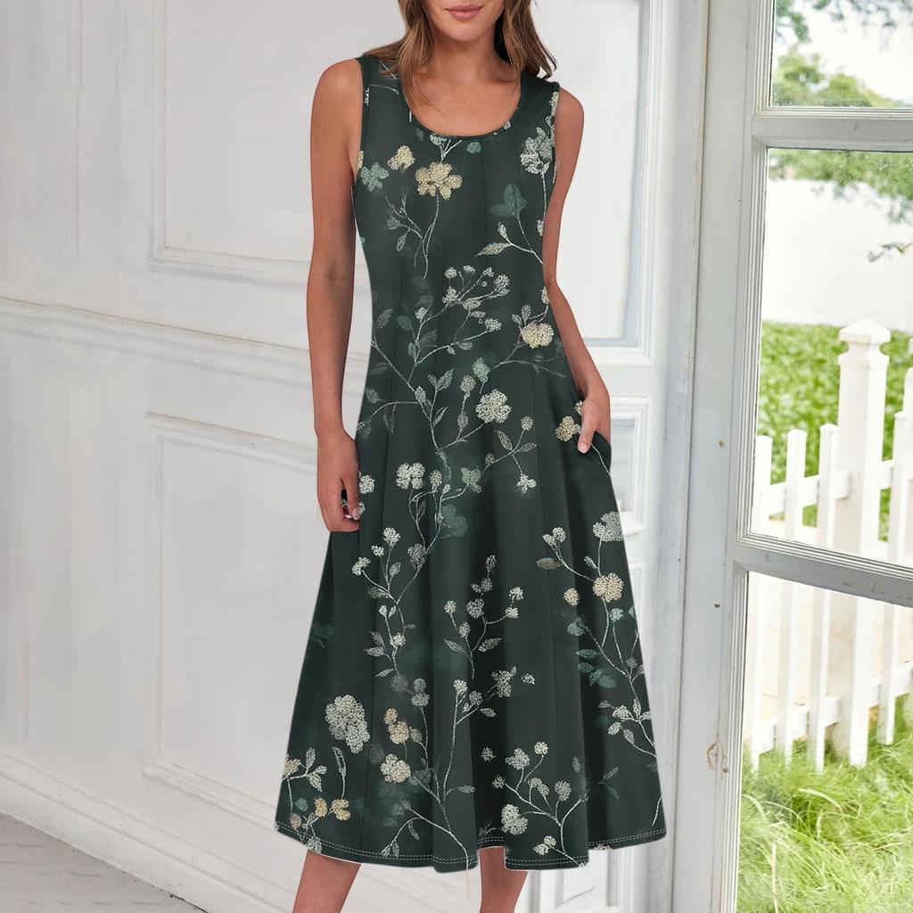 Women's Casual Fashion Floral Print Round Neck Sleeveless Midi Dress