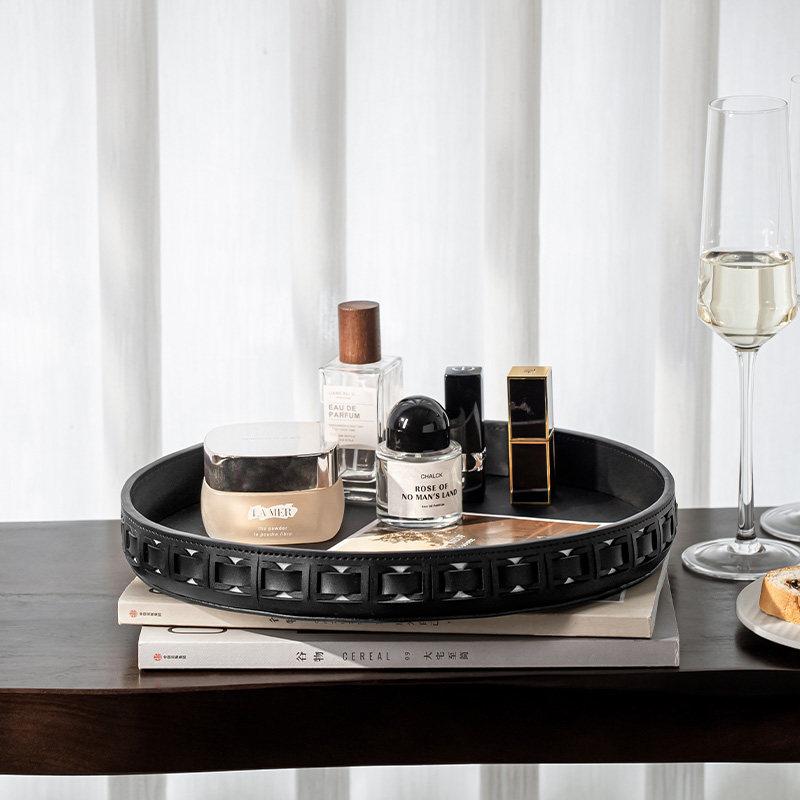 Premium Light Luxury Round Leather Storage Tray - Exquisite Key & Cosmetic Organizer for Living Room, Bedroom & Home Decor