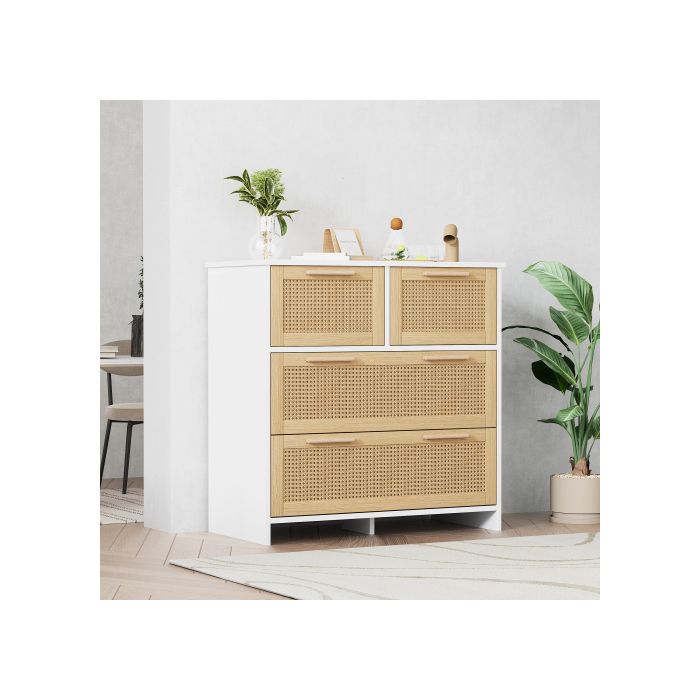 Armoire en rotin de haute qualité à 4 tiroirs avec poignées en bois massif Dimensions : L80/H80/T38 cm