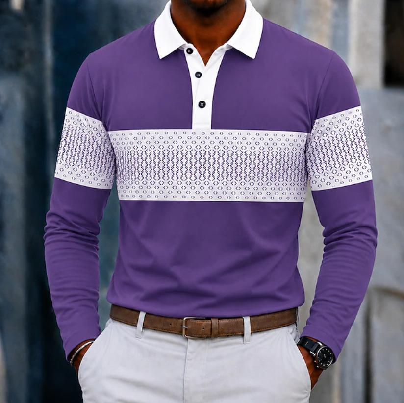 Stylish Long Sleeve Polo Shirt with Geometric Pattern, Perfect for Casual Daily Wear.