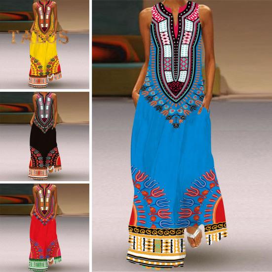 Vestido longo de verão com ombros de fora, sem mangas, linha A, retrô, colorido, estilo étnico, estampado, decote em V, bolsos laterais, comprimento total, vestido longo