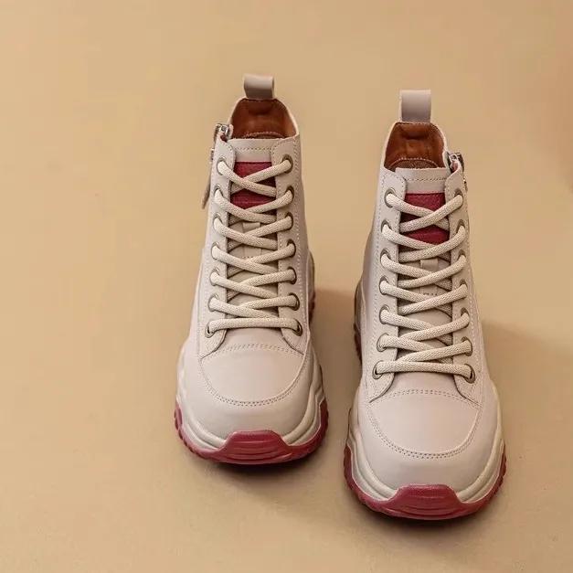 High-top Inner Heightening Women's Shoes, Wedge-heeled Short Boots, Casual Spring and Autumn Waterproof Non-slip Women's Boots