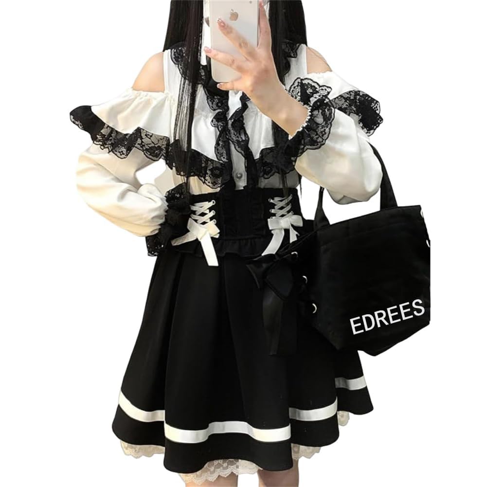 EDREES Lace Ruffle Long Sleeve Cute Mori Girl Lolita Top with Detachable Commuting Women's Shirt, Blouse, Style, Off-the-Shoulder Bow, Feminine,