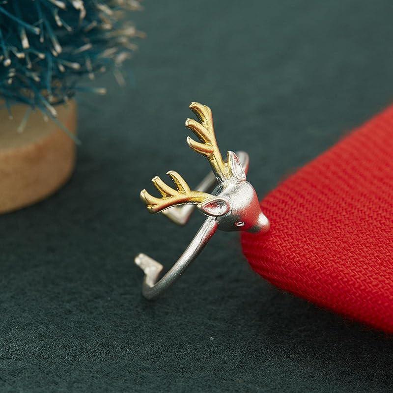 

European-American Christmas Reindeer Pearl Adjustable Fashion Ring Adjustable Open
