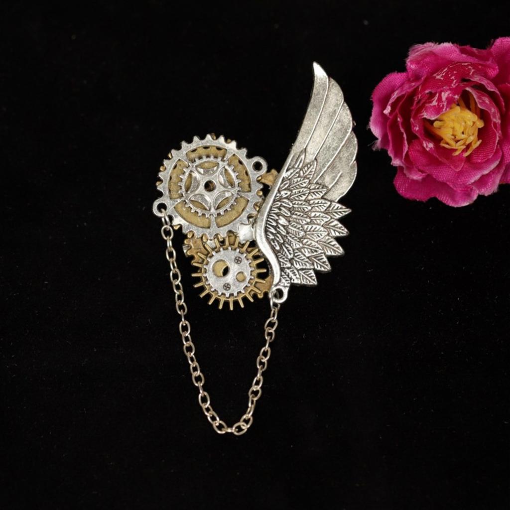 Steampunk Wing Brooch Pin for Women with Tassels Chain Vintage Gear Brooch Clip Hat Shirt Pin Decorative Corsage Clip