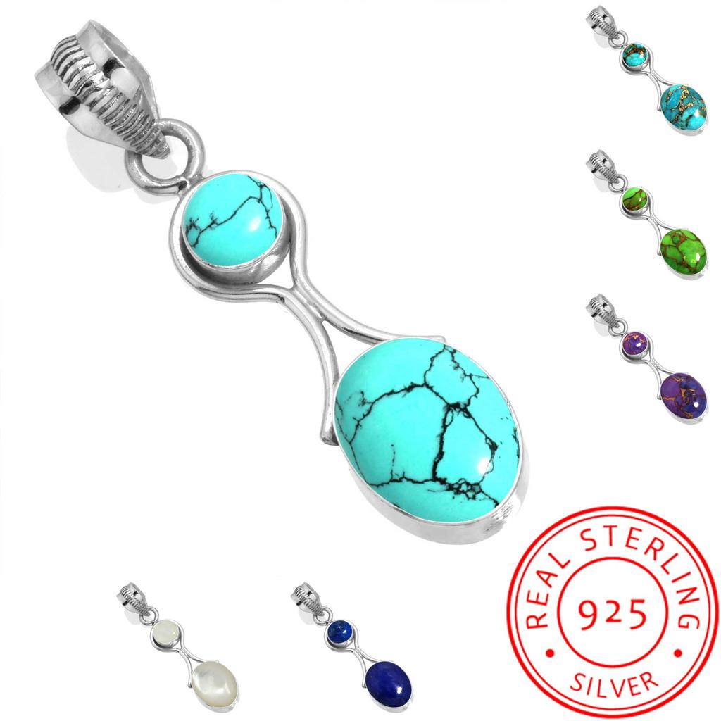 925 Sterling Silver Pendant Women Gemstone Handmade Jewelry Halloween Gift Blue Green Purple Copper Turquoise Pearl Lapis Mother Of Pearl Victorian