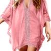 Women's Beach Cover Up V Neck Batwing Sleeve Lace Trim Loose Fit Summer Tunic